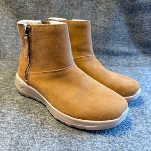Skechers Tan Faux Fur Leather Ankle Boots Women’s Size 7 Side  Zip Chukka